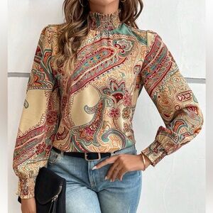 Paisley Print Mock Neck Lantern Sleeve Blouse